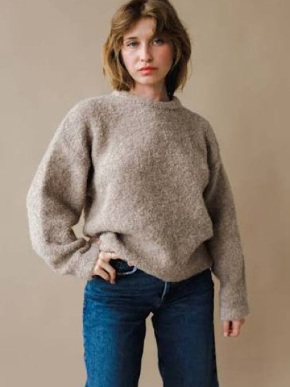 Le Bon Shoppe Women's Taupe Bouclé Crewneck Sweater